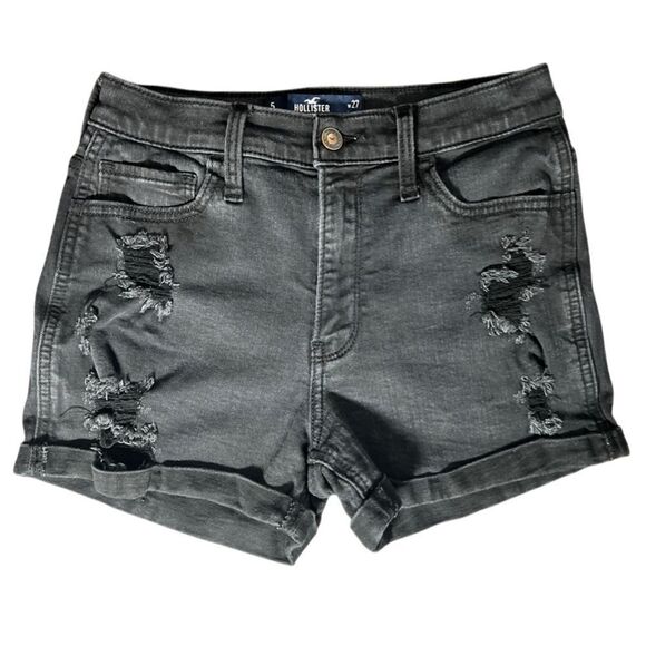 Hollister high rise Distressed Black Denim Shorts size 5/27W - Picture 3 of 11